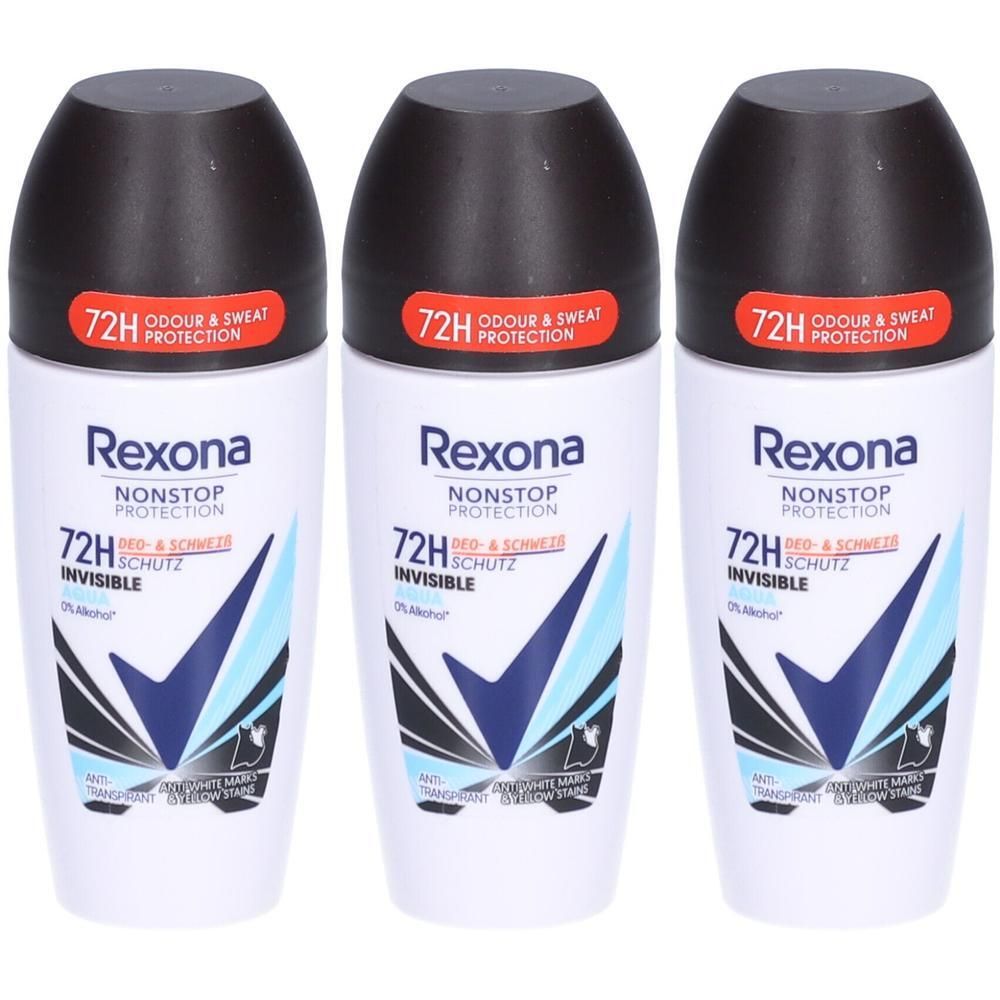 Trois déodorants roll-on. Flacons blancs avec bouchons noirs. Graphiques bleus et blancs. Texte: Rexona, protection 72H.