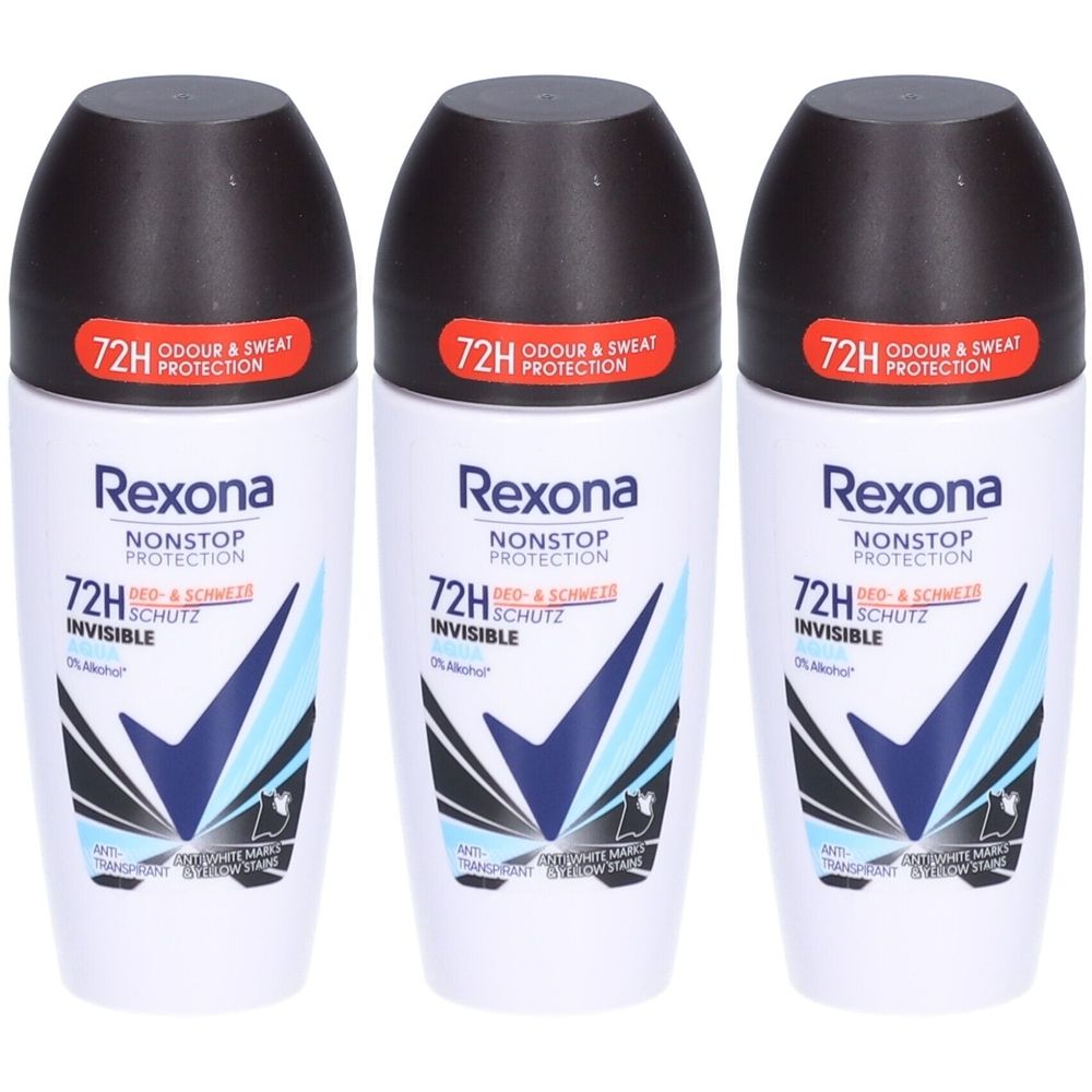 Trois déodorants roll-on avec bouchon noir. Inscription : Rexona, Nonstop Protection, 72H Schutz, Invisible.