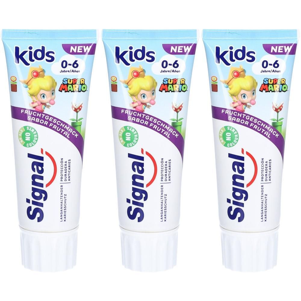 Trois tubes de dentifrice Signal Kids 0-6 ans. Illustration Super Mario et indication goût fruité.
