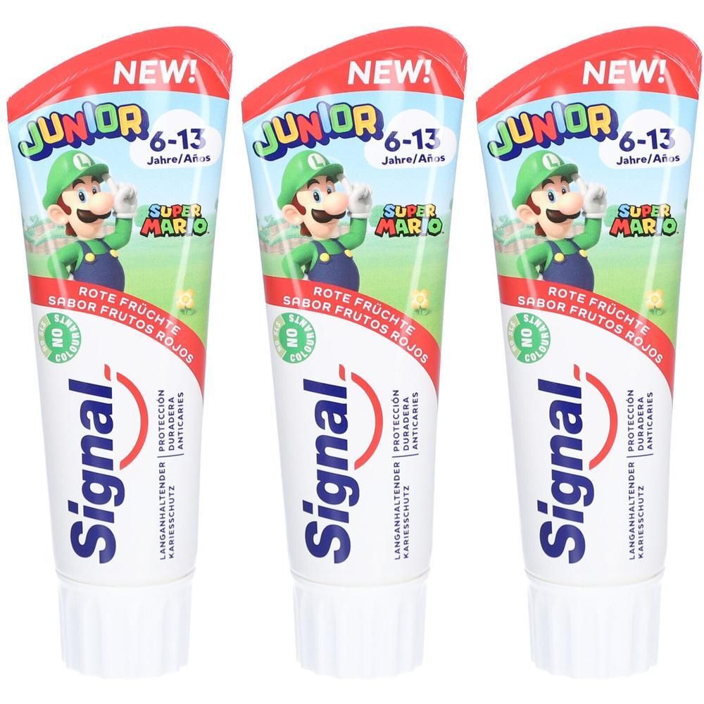 Trois tubes de dentifrice Signal Junior. Fruits rouges, 6-13 ans. Motif Super Mario. Sans colorants. Protection anti-carie durable.