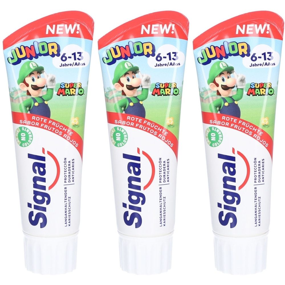 Drei Tuben Zahnpasta mit rotem Deckel. Auf jeder Tube ist ein Bild von Luigi, dem Super Mario-Charakter, abgebildet. Der Markenname ist Signal.