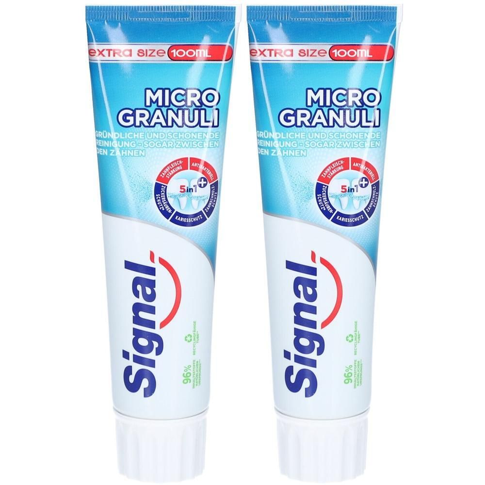 Deux tubes de dentifrice Signal Micro Granuli. Tubes bleus avec bouchons blancs. Texte: Micro Granuli, 5in1, 100ml.