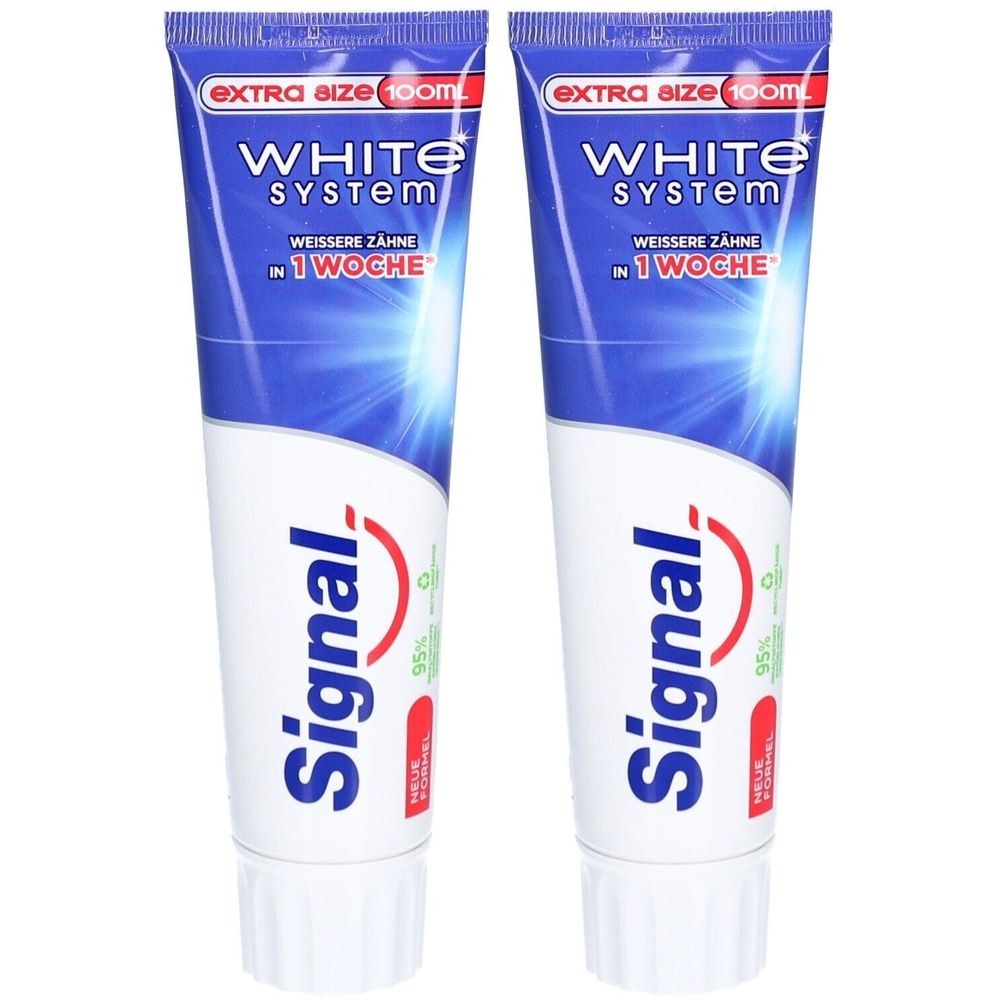Zwei Tuben Zahnpasta mit weißem Design. Aufschrift: Signal White System, Extra Größe, 100ml. Weisse Zähne in 1 Woche.