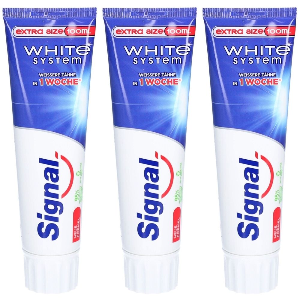 Drei Tuben Zahnpasta. Aufschrift: White System, Signal. Extra Größe 100ml. Weisse Zähne in 1 Woche.