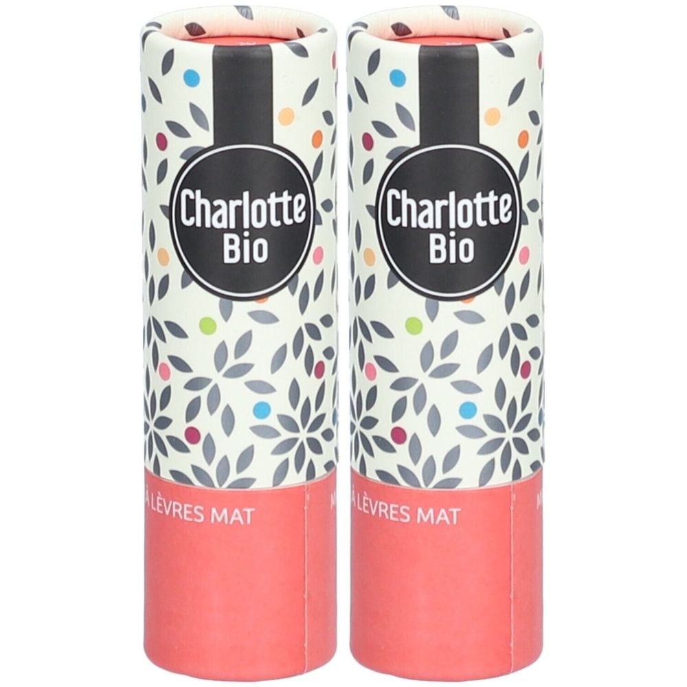 Zwei Lippenstifte in zylindrischen Verpackungen. Aufschrift "Charlotte Bio" und "Lèvres Mat". Rosa und floral bedruckt.