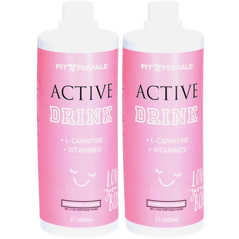 Zwei Flaschen Active Drink. Rosa Etikett mit weißer Schrift: ACTIVE DRINK, L-Carnitin, Vitamine. Marke: FIT'N FEMALE.