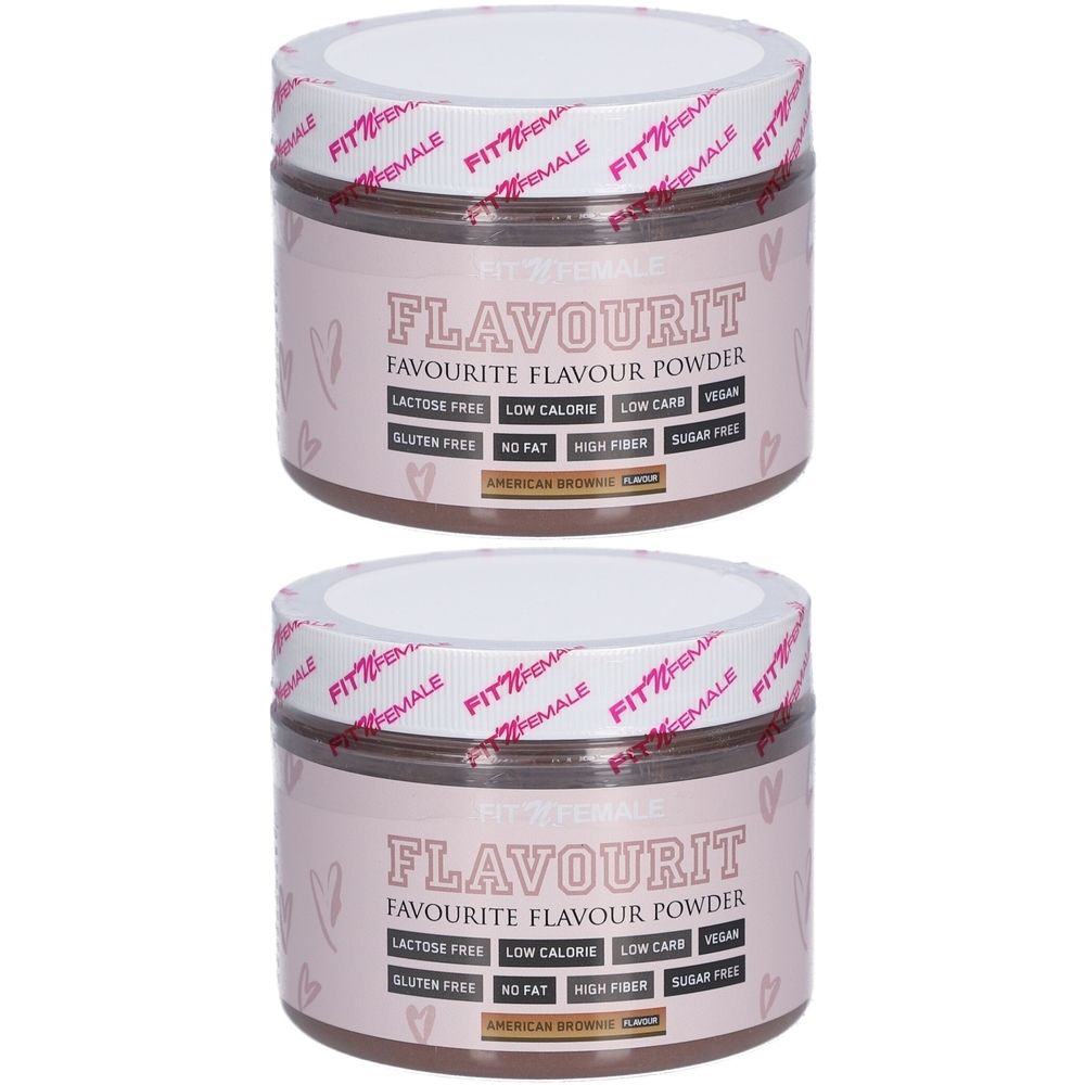 Zwei Dosen FitnFemale Flavourit, braunes Pulver. Aufschrift: Laktosefrei, kalorienarm, vegan, glutenfrei, fettfrei, zuckerfrei.