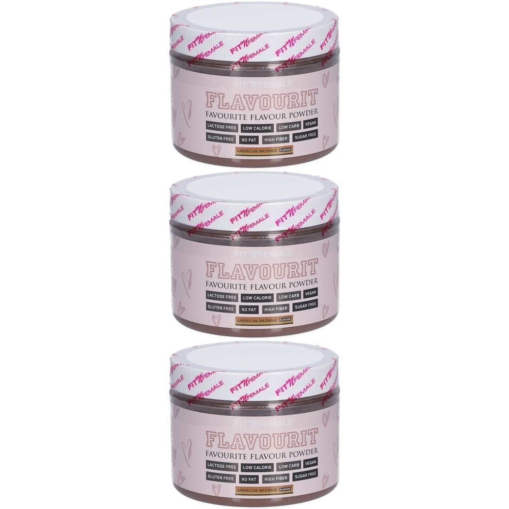 Drei Dosen FitnFemale Flavourit-Pulver. Rosa Etikett mit Text: "Favourite Flavour Powder". Deckel mit Logo.