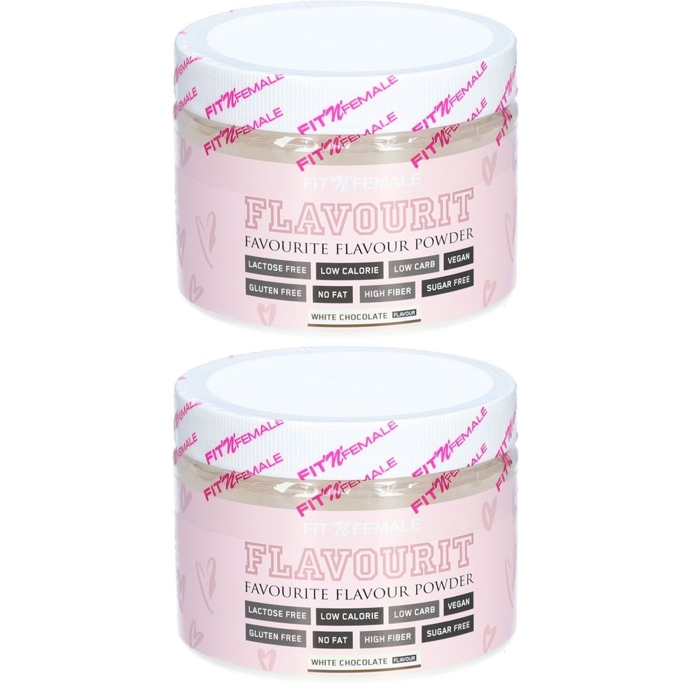 Zwei Dosen Flavourit-Pulver. Rosa Etikett mit Produktnamen und Angaben zu Inhaltsstoffen. Deckel mit Logo.