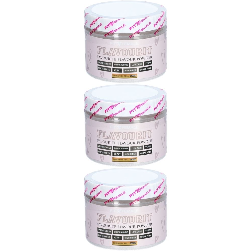 Drei Dosen FitnFemale Flavourit Poudre Arôme Zimtschnecke. Rosa Etikett mit weißem Deckel. Text: Flavourit, glutenfrei, zuckerfrei.