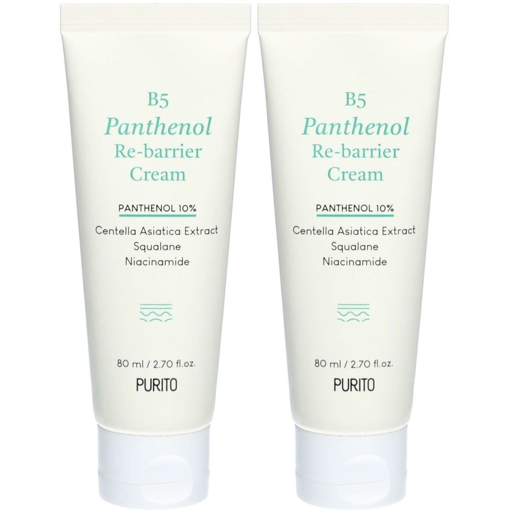 Deux tubes de crème. Inscription : B5 Panthenol Re-barrier Cream, PANTHENOL 10%, PURITO.