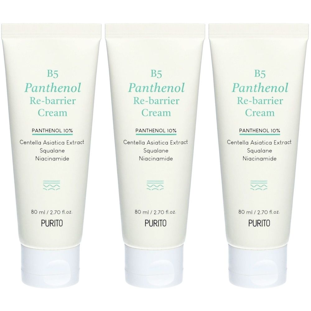 Trois tubes de crème. Inscription : B5 Panthenol Re-barrier Cream. Contient Panthenol 10%, Centella Asiatica Extract, Squalane, Niacinamide.