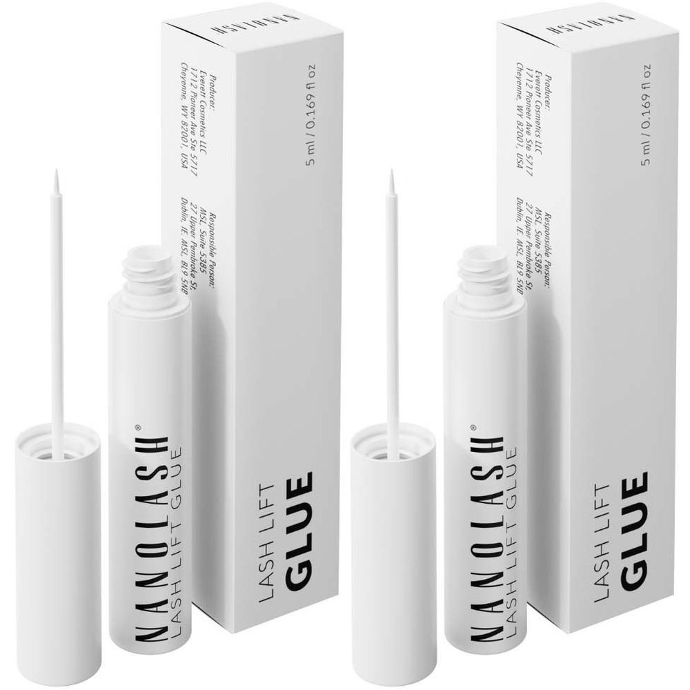 Deux flacons blancs de colle NANOLASH pour rehaussement de cils avec applicateurs et emballages. "LASH LIFT GLUE" est écrit sur l'emballage.