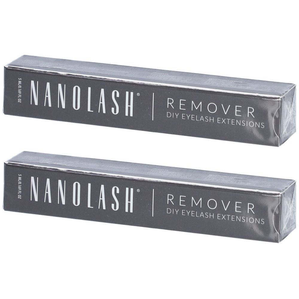 Deux boîtes grises avec l'inscription NANOLASH REMOVER DIY EYELASH EXTENSIONS. L'emballage est rectangulaire.