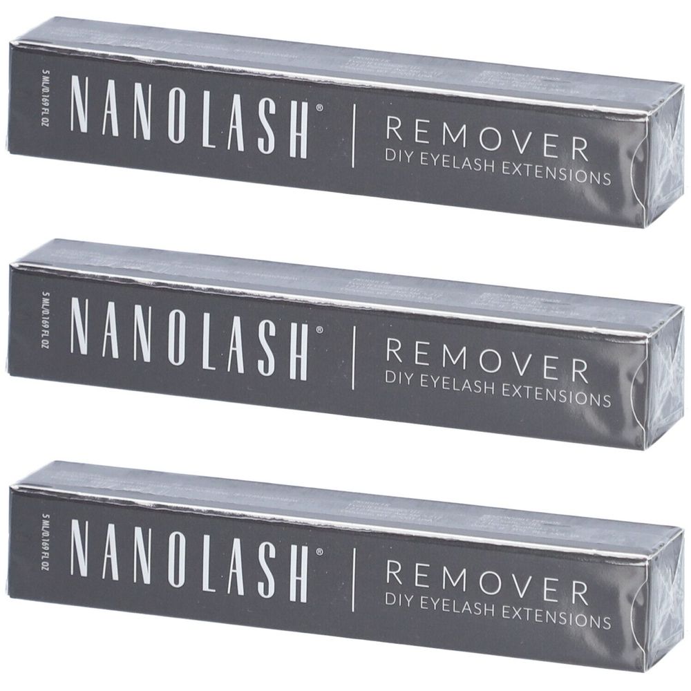 Trois boîtes grises avec l'inscription NANOLASH REMOVER pour extensions de cils DIY. L'emballage est rectangulaire.