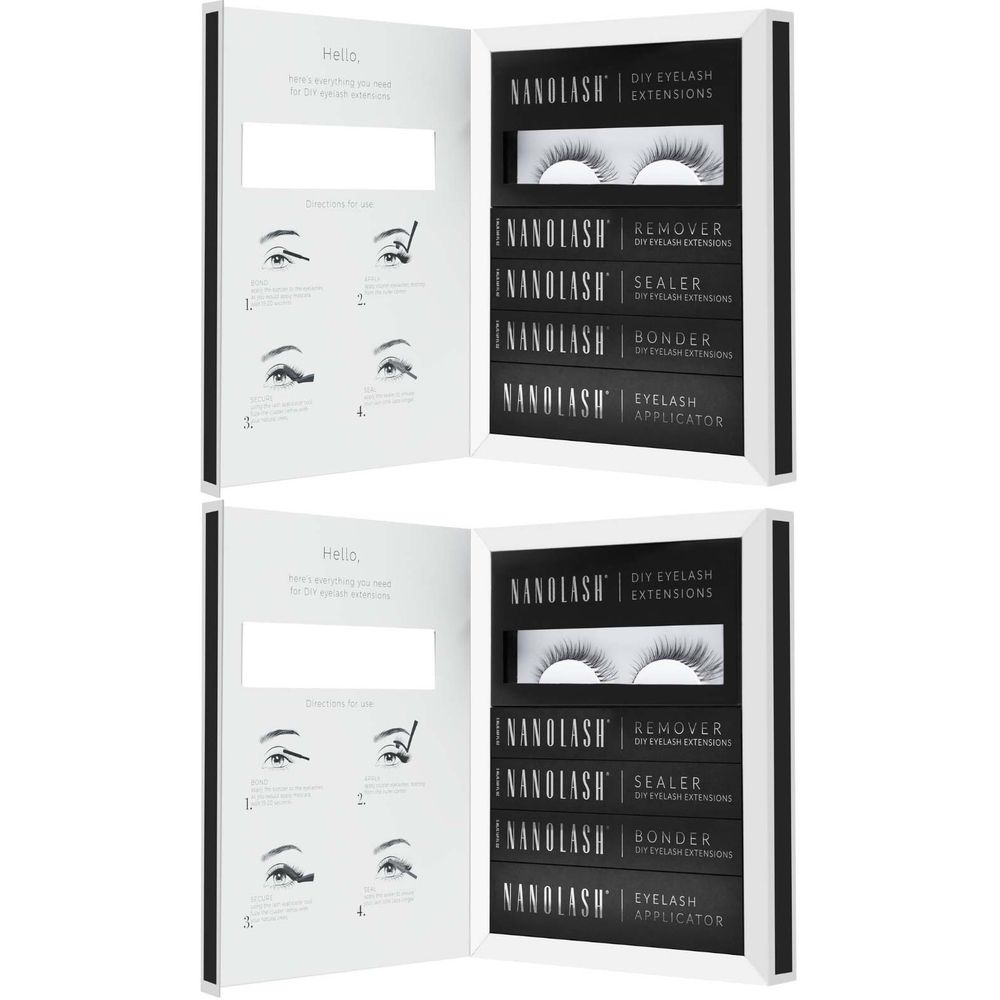 Etui mit Wimpernverlängerungsset. Enthält Wimpern, Entferner, Versiegler, Kleber und Applikator. Schwarze Verpackung mit weißem Rahmen.
