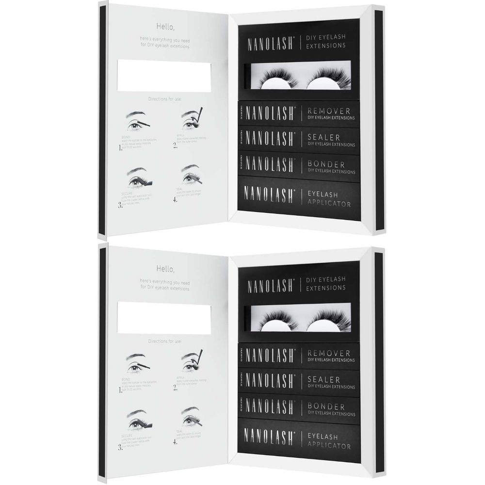 Deux kits d'extension de cils NANOLASH dans un emballage noir. Contient des cils, un démaquillant, un scellant, un liant et un applicateur. Instructions à l'intérieur.
