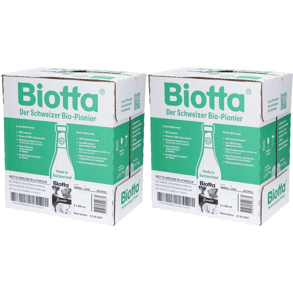 Zwei Kartons mit "Biotta"-Logo und Text. Grün-weiße Verpackung. Aufschrift: "Der Schweizer Bio-Pionier".