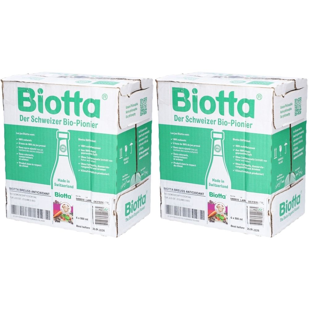 Zwei Kartons mit Biotta-Logo. Aufdrucke: "Der Schweizer Bio-Pionier", Produktabbildung, Text. Grün-weiße Farbgebung.