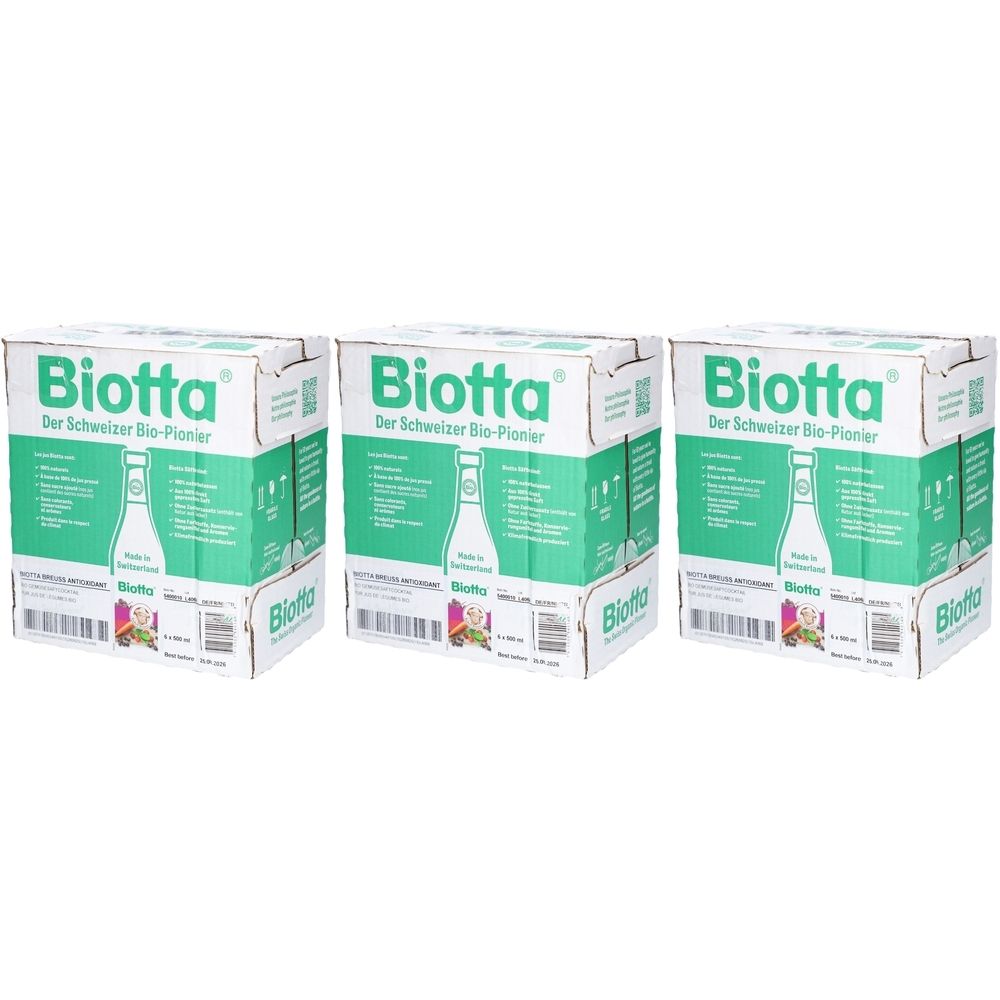 Drei Kartons mit der Aufschrift Biotta. Der Schweizer Bio-Pionier. Grün-weiße Verpackung. Flaschenabbildung.