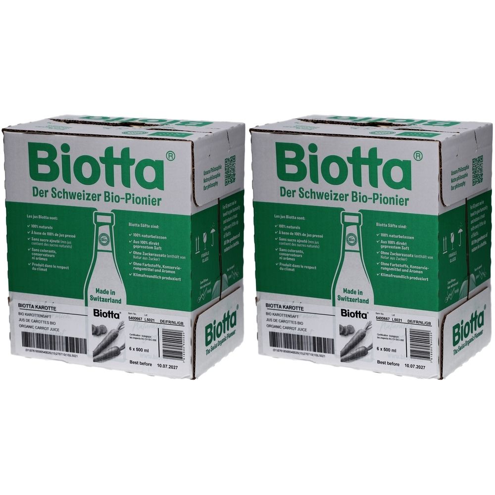 Zwei Kartons mit dem Logo von Biotta. Aufschrift: Der Schweizer Bio-Pionier. Grüne und weiße Verpackung mit Produktinformationen.