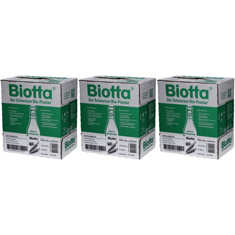 Drei Kartons mit dem Logo von Biotta. Aufschrift: Der Schweizer Bio-Pionier. Grün-weiße Verpackung mit Flaschenabbildung.