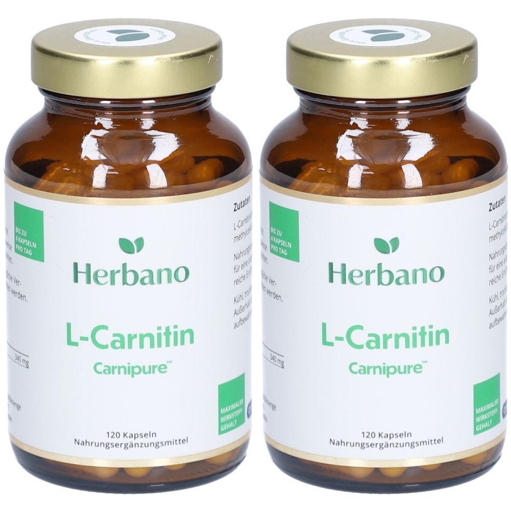Zwei braune Glasflaschen mit goldfarbenen Deckeln. Auf den Etiketten steht "Herbano L-Carnitin Carnipure". Jede Flasche enthält 120 Kapseln.