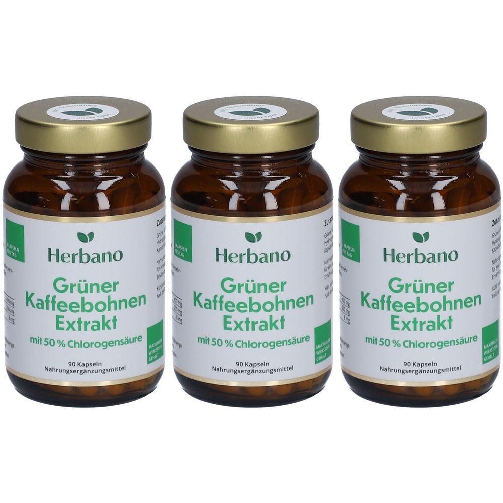 Drei braune Glasflaschen mit goldenen Deckeln. Auf den Etiketten steht "Herbano Grüner Kaffeebohnen Extrakt".