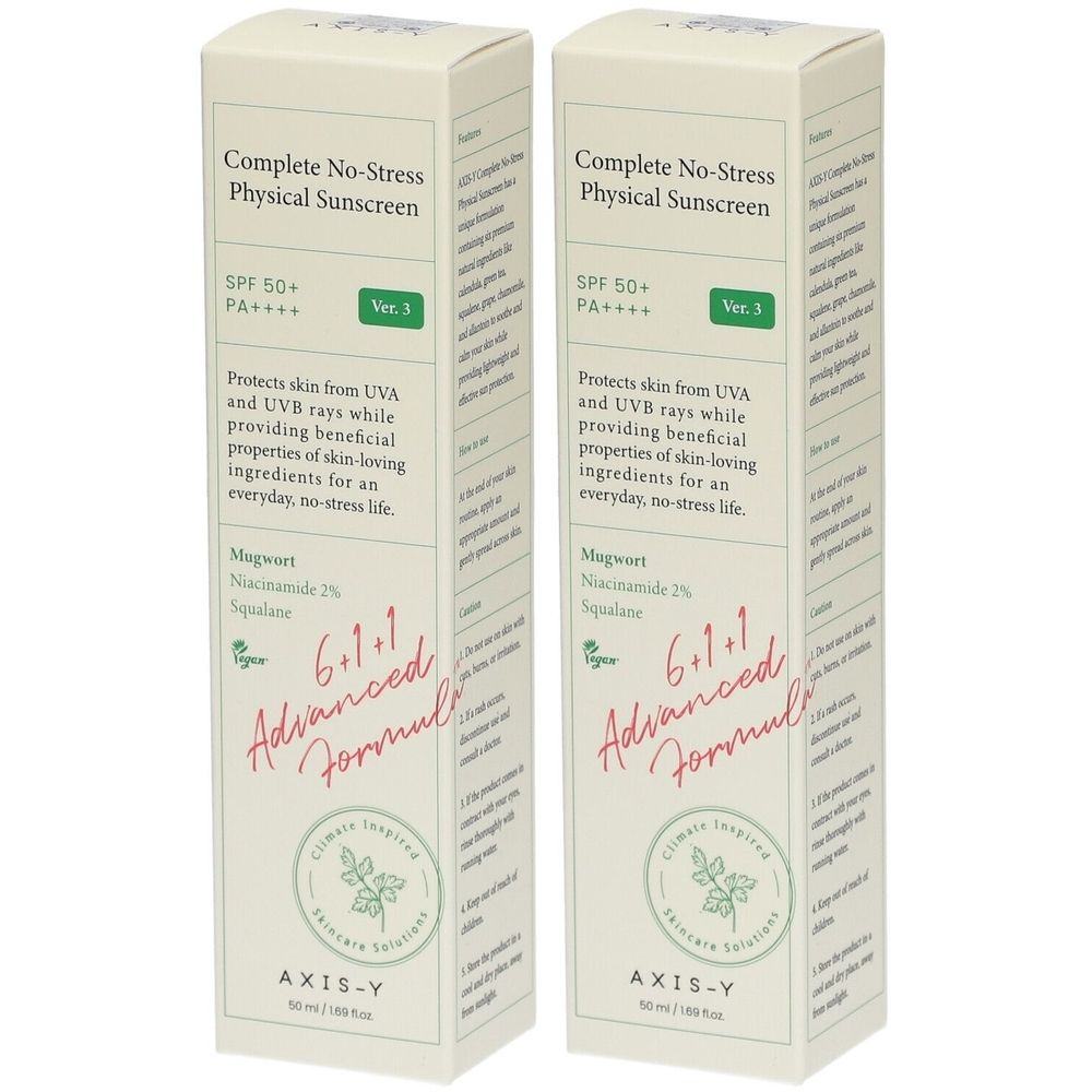 Zwei Kartons mit "Complete No-Stress Physical Sunscreen". Text: SPF 50+, Ver. 3, 6+1+1 Advanced Formula, AXIS-Y.