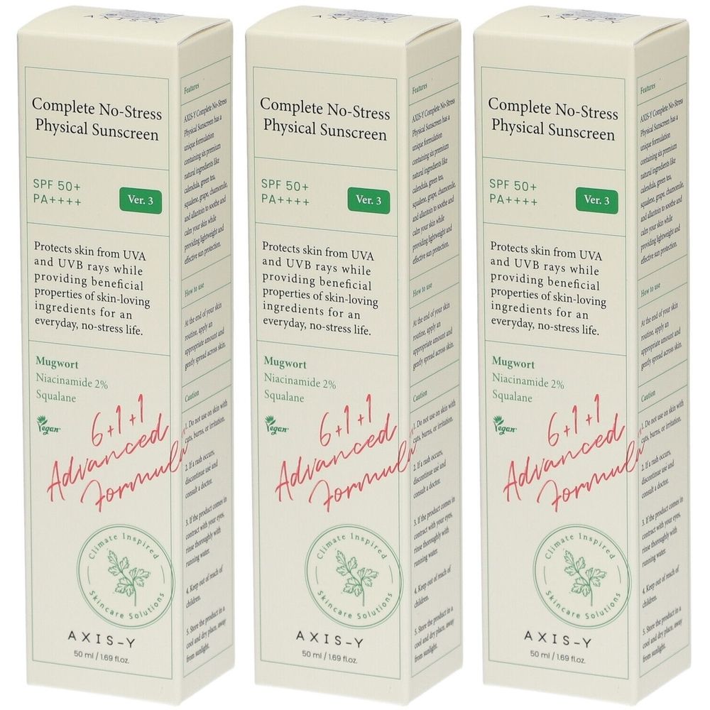 Drei rechteckige Kartons mit Sonnencreme. Aufschrift: Complete No-Stress Physical Sunscreen, SPF 50+ PA+++, Ver. 3, AXIS-Y.