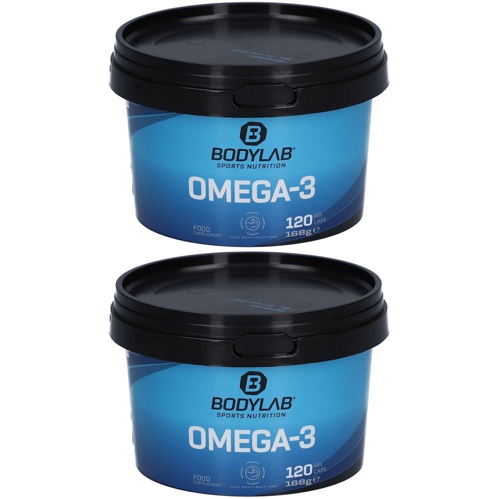 Deux pots bleus avec couvercles noirs. Inscription BODYLAB OMEGA-3, 120 capsules. Le logo Bodylab Sports Nutrition est visible sur chaque pot.