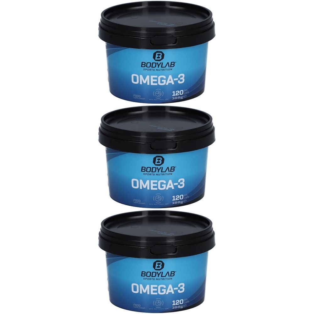 Trois boîtes bleues avec couvercles noirs. Inscription: BODYLAB OMEGA-3. Contient 120 gélules.