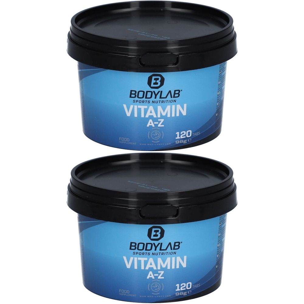 Zwei blaue Dosen mit schwarzem Deckel. Aufschrift: BODYLAB Sports Nutrition VITAMIN A-Z. Enthält 120 Tabletten.