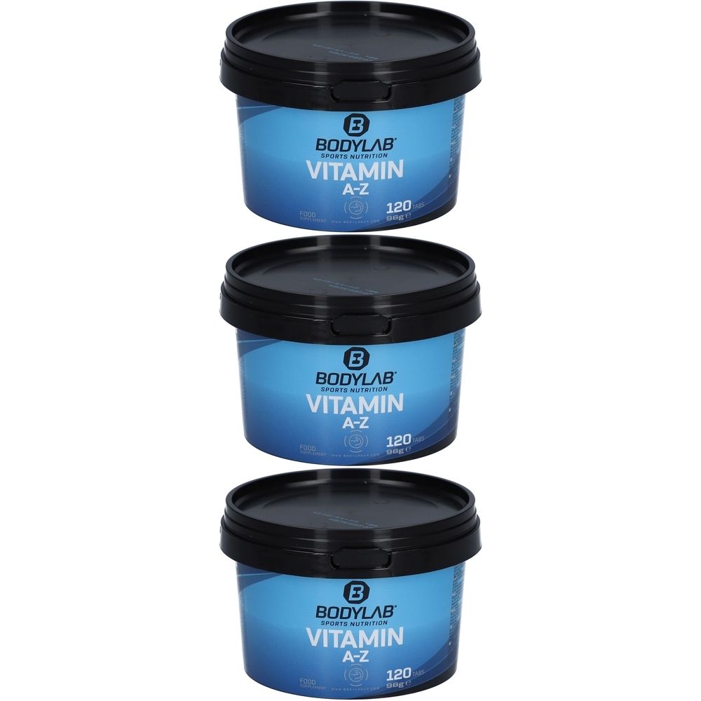 Drei blaue Dosen mit schwarzem Deckel. Aufschrift: BODYLAB, VITAMIN A-Z, 120.