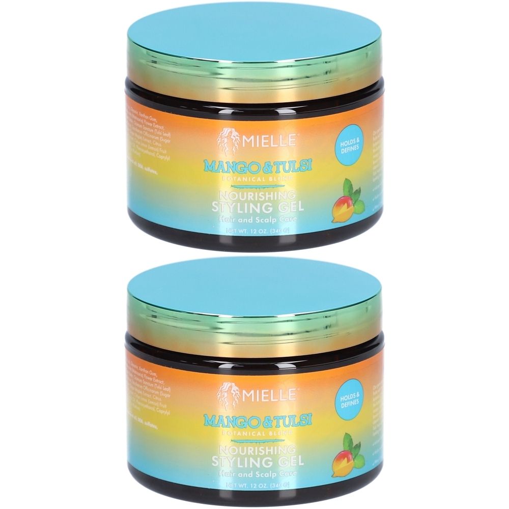 Deux pots de gel coiffant MIELLE Mango & Tulsi. Couvercles bleus, bords dorés, impression colorée. Nom du produit et logo visibles.