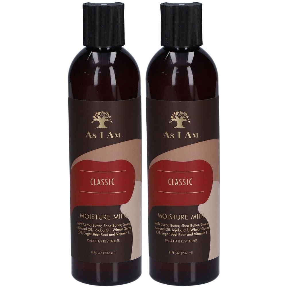 Zwei Flaschen AS I AM Feuchtigkeitsspendende Lotion. Braune Flaschen mit schwarzem Deckel. Aufschrift: CLASSIC, MOISTURE MILK.