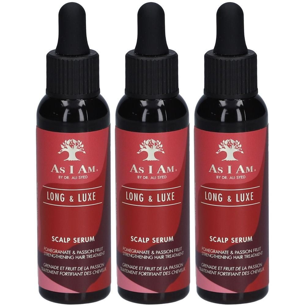 Trois flacons de sérum capillaire Long & Luxe. Étiquettes rouges avec texte et logo. Bouchons noirs avec pipettes.