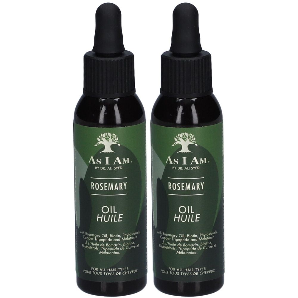 Deux flacons d'huile capillaire au romarin. Étiquettes vertes avec texte blanc. Bouchons noirs avec pipette. Inscription : AS I AM, Rosemary Oil.