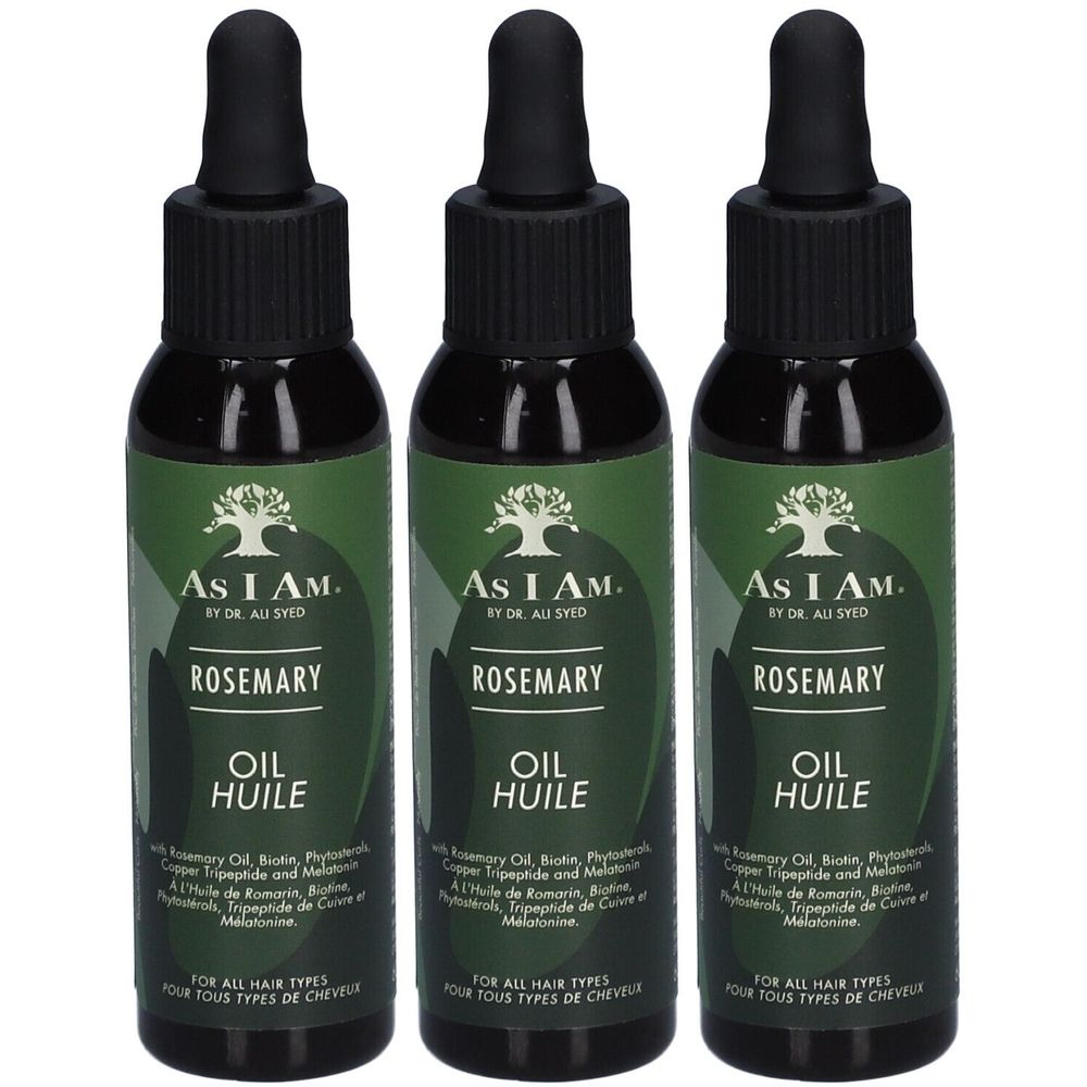 Trois flacons d'huile capillaire au romarin. Bouchon noir avec pipette. Étiquettes vertes avec nom du produit et logo.