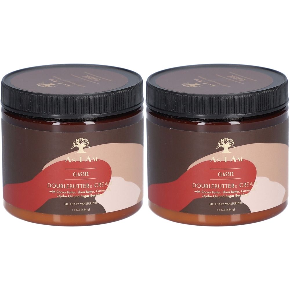 Deux pots bruns avec couvercles noirs. L'étiquette indique "AS I AM CLASSIC DOUBLEBUTTERCREME".