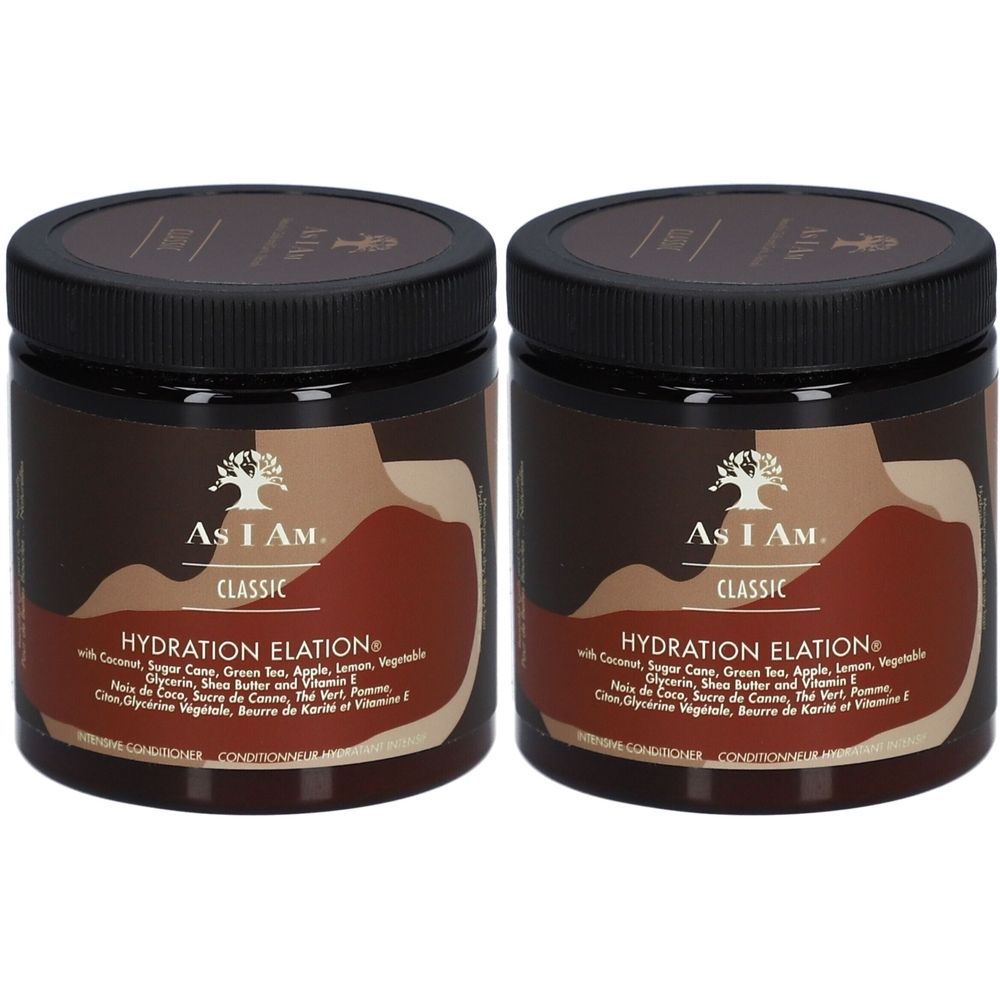 Zwei runde, braune Tiegel mit schwarzem Deckel. Aufschrift: AS I AM, Classic, HYDRATION ELATION. Produktbezeichnung und Inhaltsstoffe.