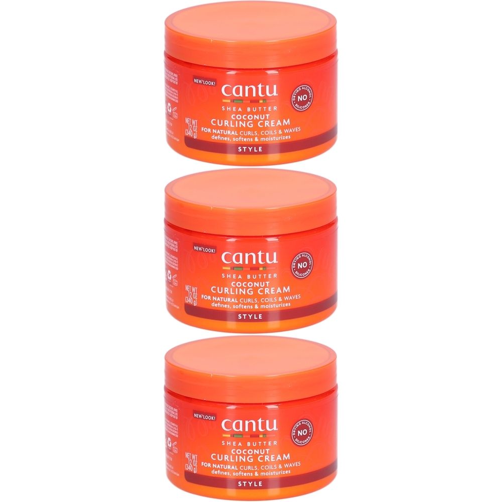Trois pots oranges avec couvercles. Chaque pot porte l'inscription "Cantu Shea Butter Coconut Curling Cream".