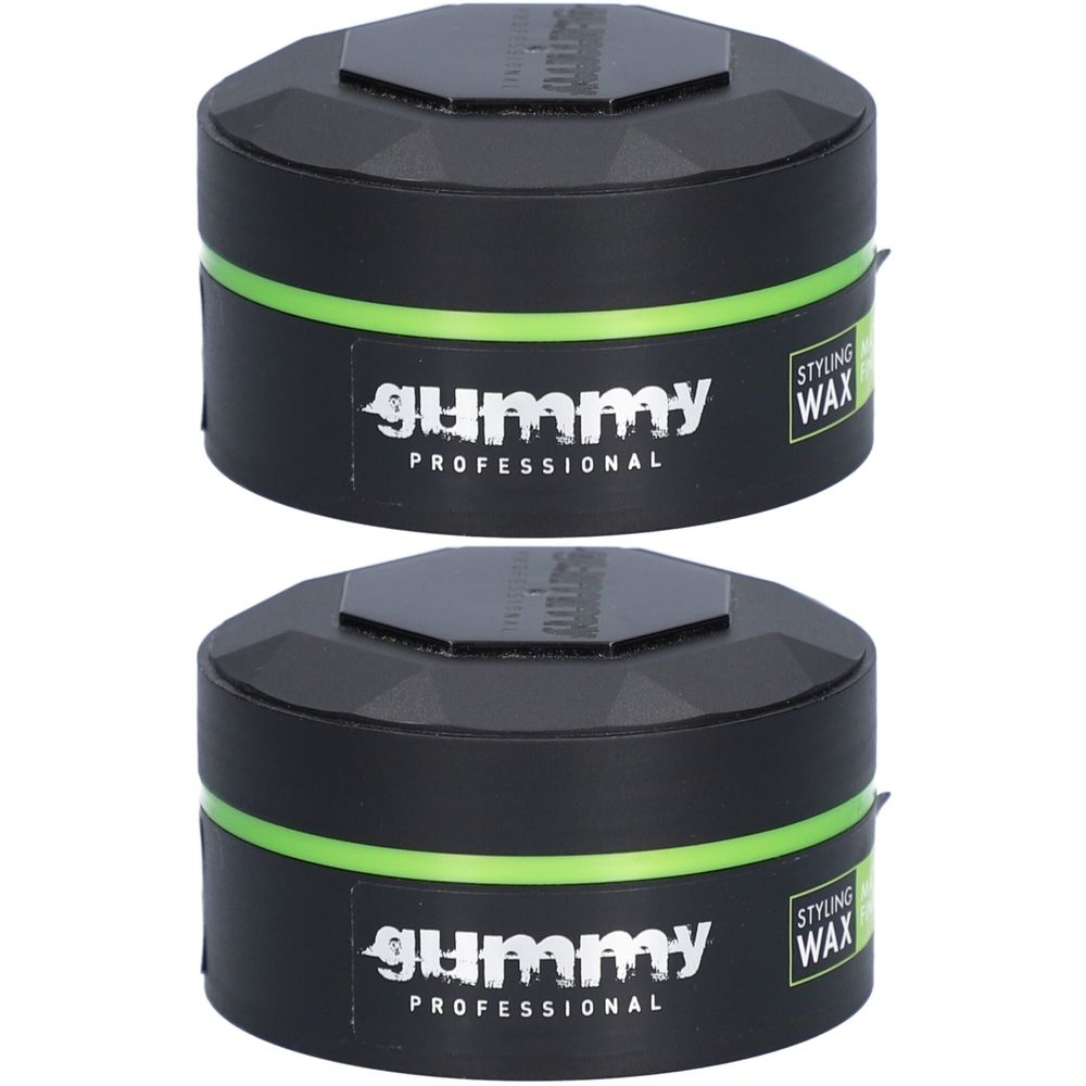 Zwei schwarze Dosen mit grünem Streifen und Deckel. Aufschrift: GUMMY PROFESSIONAL Styling Wax.