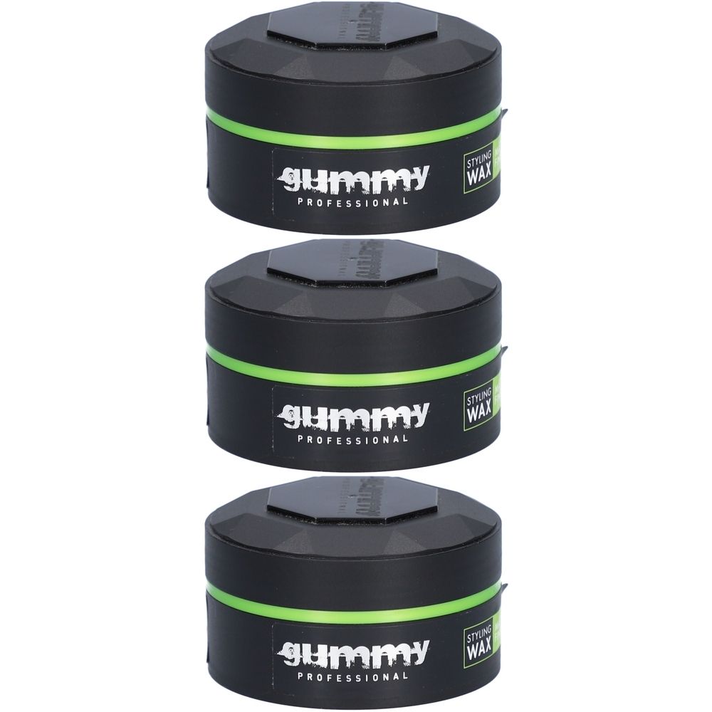 Drei schwarze Tiegel mit Deckel. Aufschrift: GUMMY PROFESSIONAL, Styling Wax. Grüner Streifen.