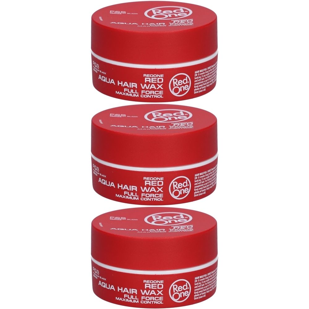 Drei rote Tiegel mit Aqua Hair Wax. Aufschrift: Red One, Aqua Hair Wax, Full Force, Maximum Control.