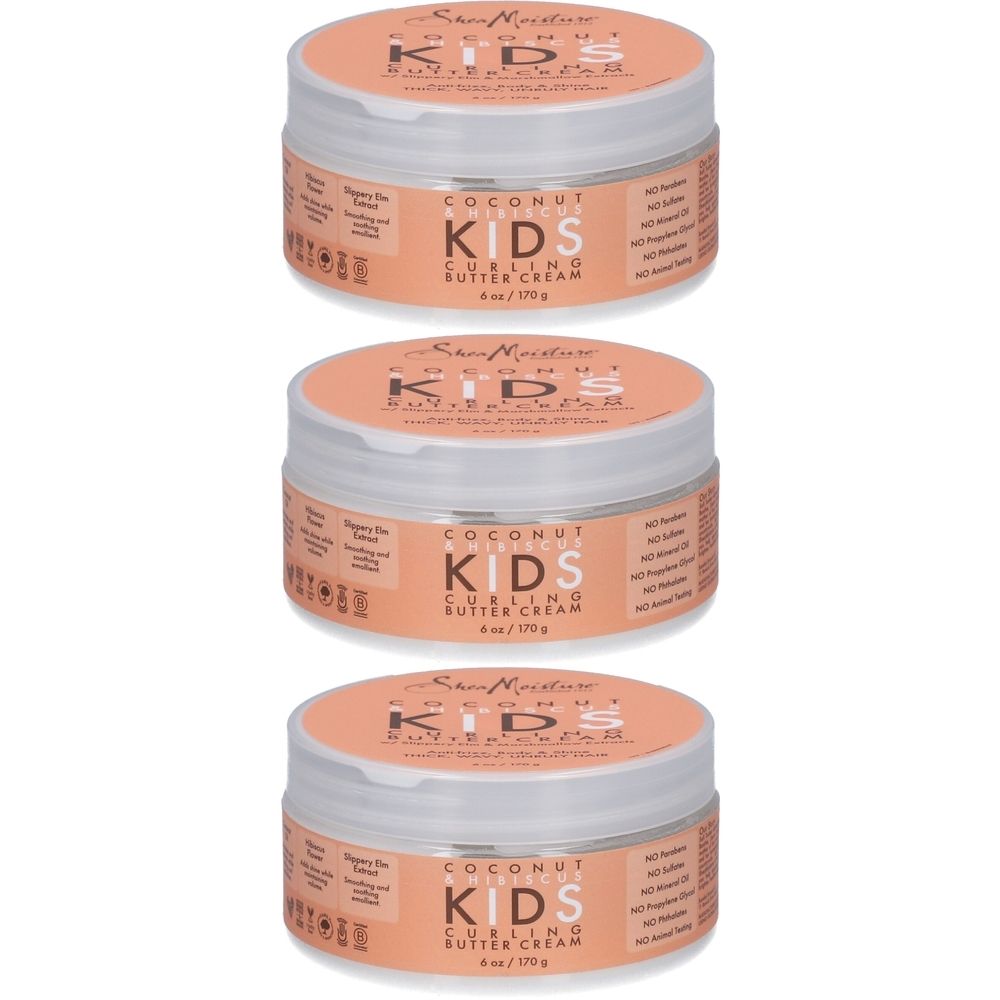 Drei Tiegel Creme Locken Kokos & Hibiskus. Weiße Tiegel mit orangefarbenen Deckeln und Etiketten. Aufschrift: KIDS CURLING BUTTER CREAM.