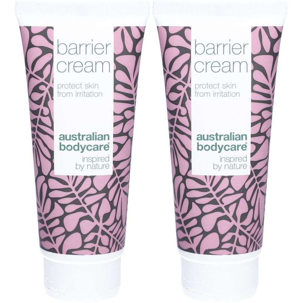 Deux tubes de crème. Inscription: Barrier Cream, protège la peau des irritations. Marque: Australian Bodycare.