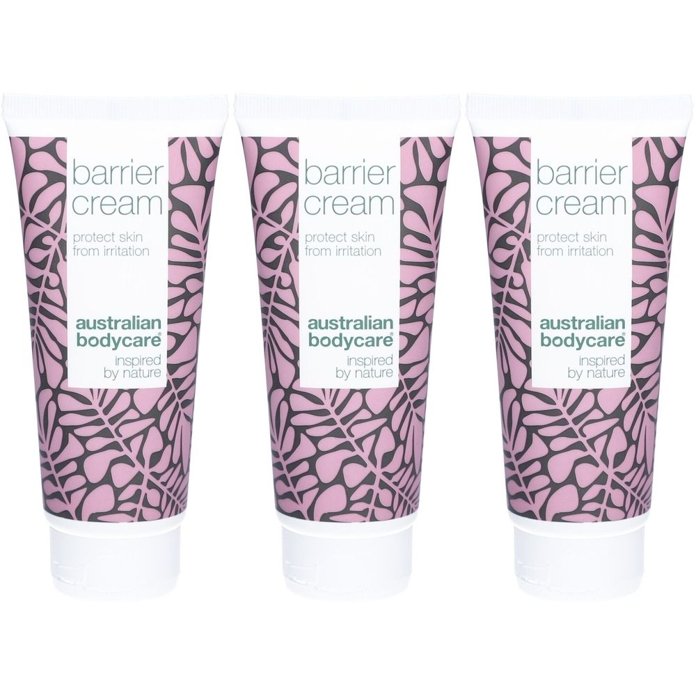 Trois tubes de crème barrière. Inscription : barrier cream, protect skin from irritation. Marque : australian bodycare.