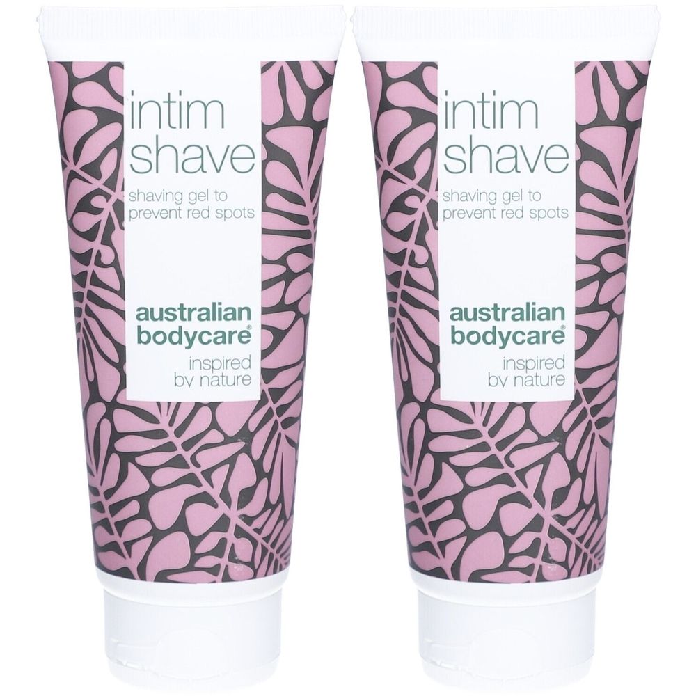 Deux tubes de gel à raser avec motif floral. Inscription : Intim Shave, Australian Bodycare.