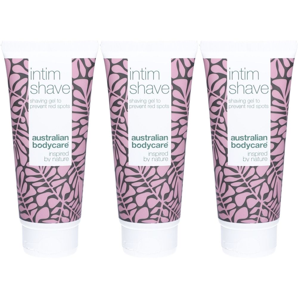 Trois tubes de gel à raser intime. Inscription : Intim Shave, australian bodycare. Motif rose sur les tubes.